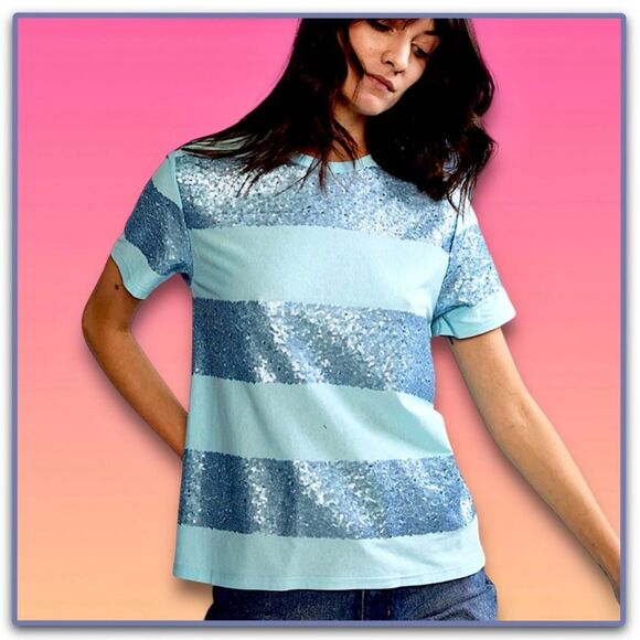 NWT Cynthia Rowley Striped Sequin Tee in Blue Combo - Picture 12 of 15
